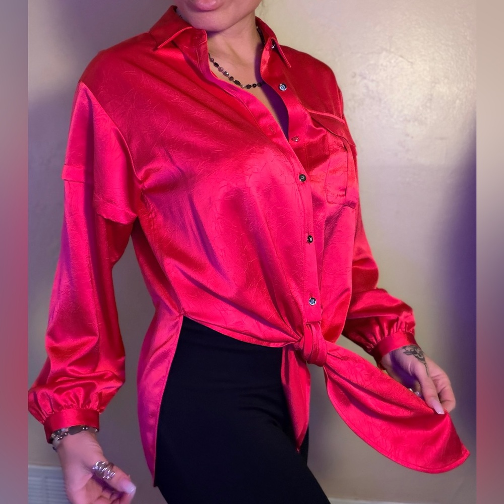 DKNY Bright Red Button Down Blouse Satin
